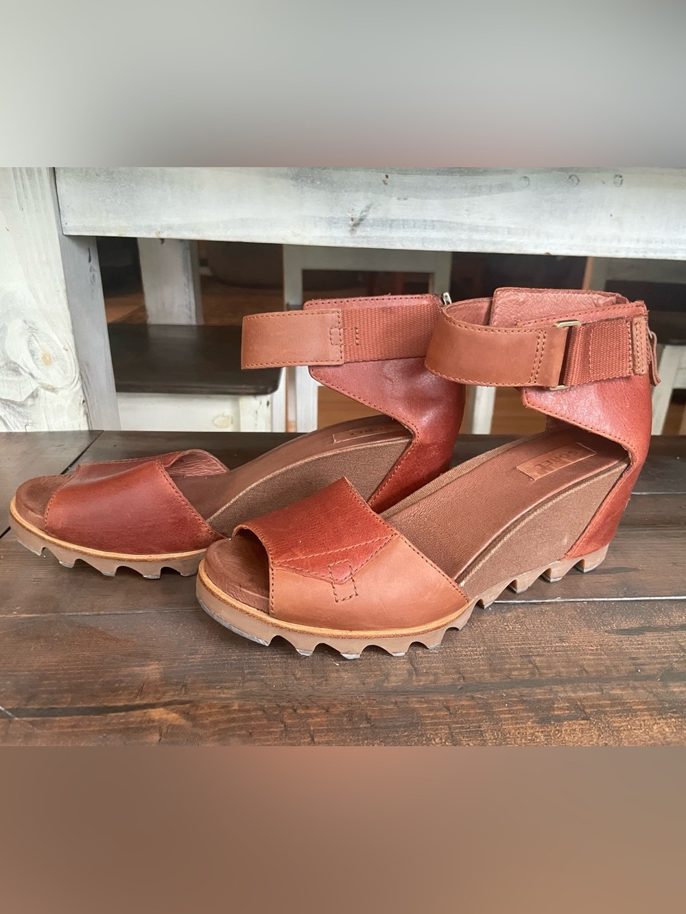 Sorel Joanie Ankle Strap Brown Leather Wedge Sandal Women’s 10.5